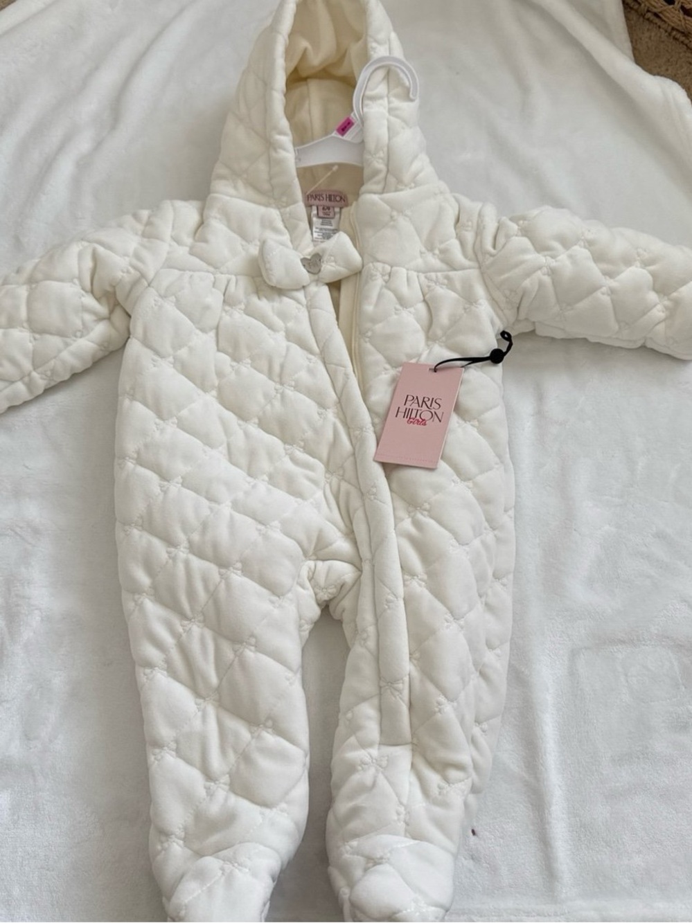 Paris Hilton Cream Quilted Hooded Baby One-Piece 6/9 Month